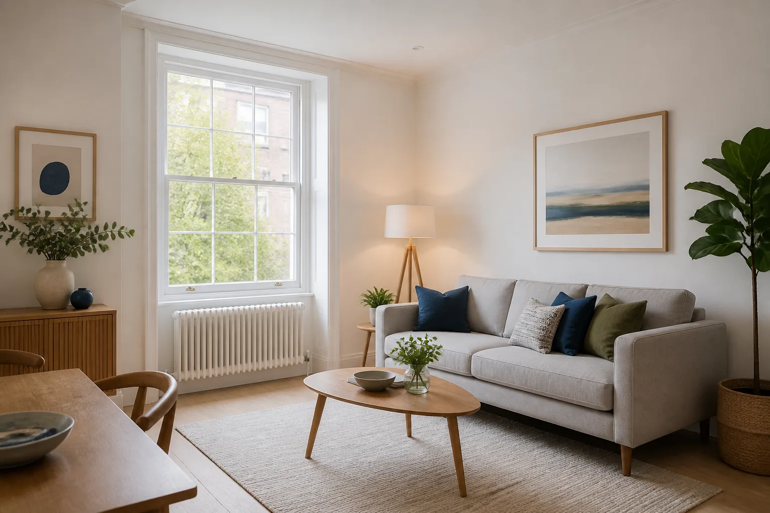 Bright, calm living room in a contemporary British flat with neutral furnishings and blue accents.