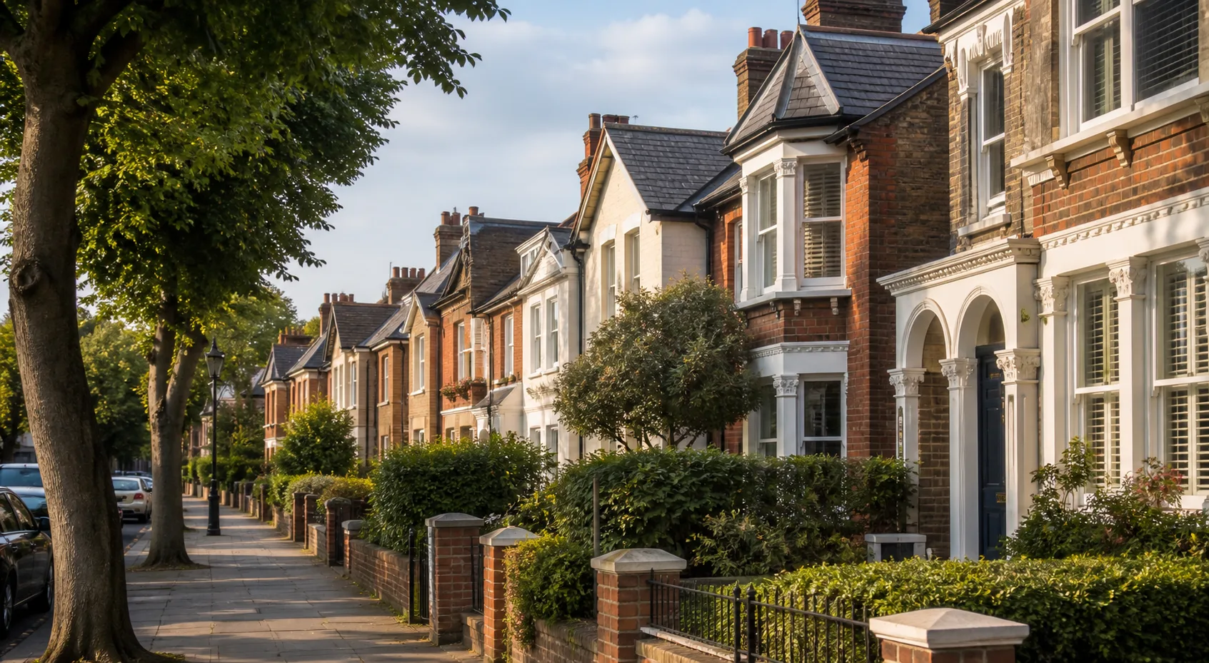 Tree-lined British residential street with a varied row of brick and rendered period homes.